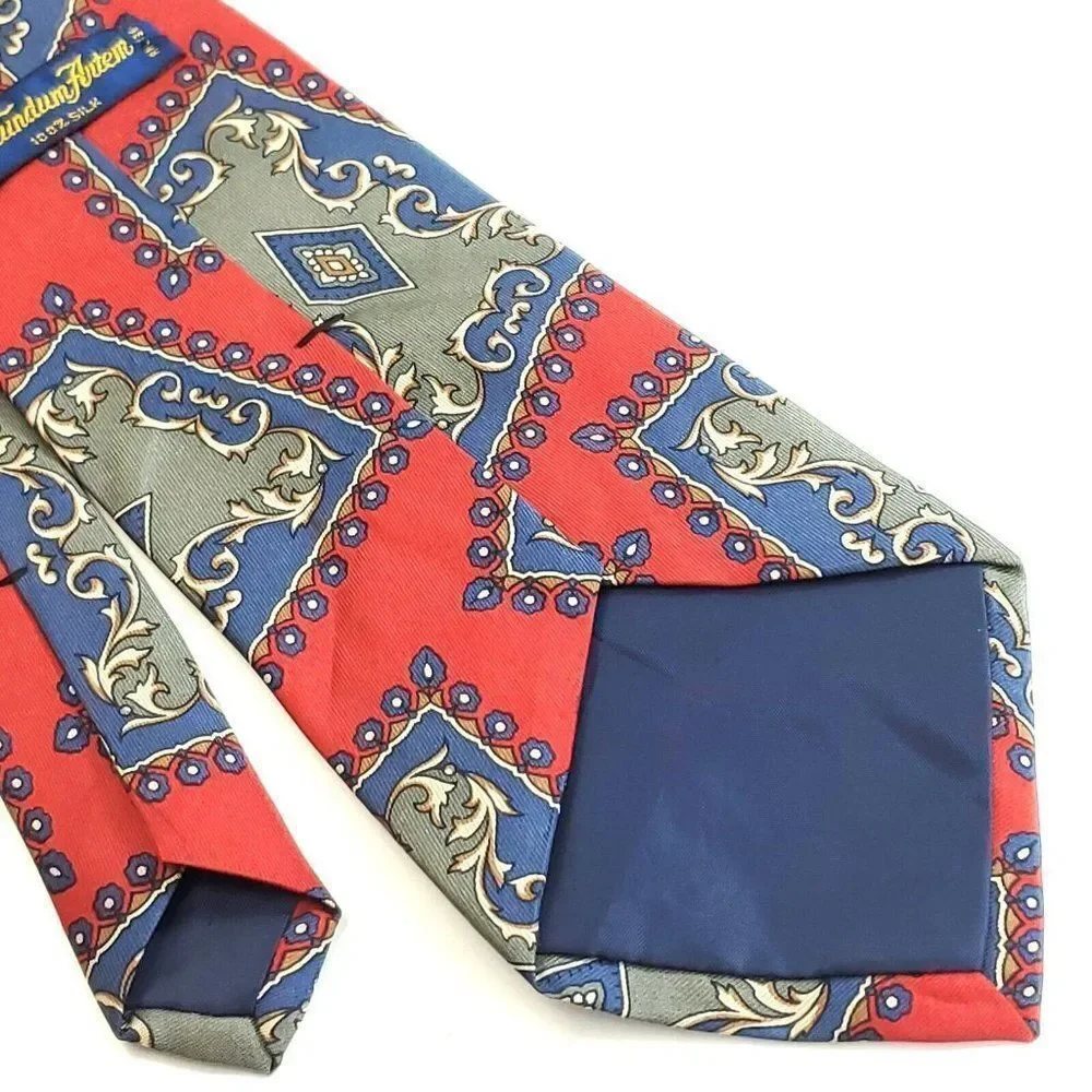 Secundum Antem Red‎ Blue Baroque Abstract Print Wide Silk Tie